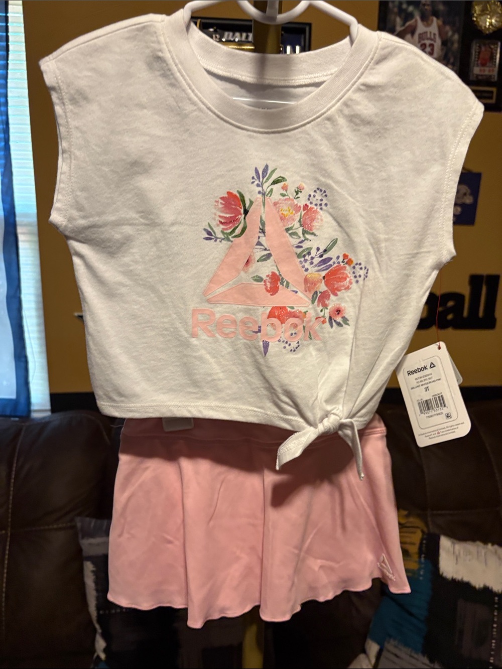Reebok White Crop Top with Pink Floral Logo & Pink Shorts Pajama Set